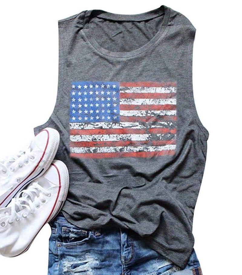 FAYALEQ American Flag Print Tank Tops Women USA Stars Stripes Patriotic T Shirt Summer Loose Vest Tees Size M (Gray) - Image 1